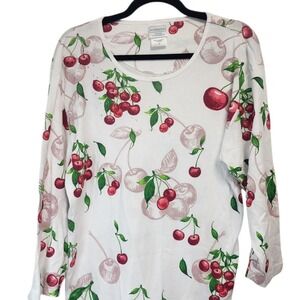 Morning Sun Womens 2X White Red Cherry Print Long Sleeve‎ T-Shirt Top